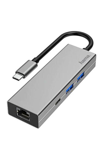 Hama Hama 200108 USB Hub, 4 ports, 2 x USB-A, USB-C, LAN/Ethernet (Gray)