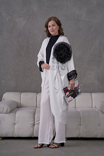 Miss Allos Women's Front Sequin Sequin Embroidered Flower and Stone Embroidered Linen Kimono Cardigan and Pants Bottom Top Set