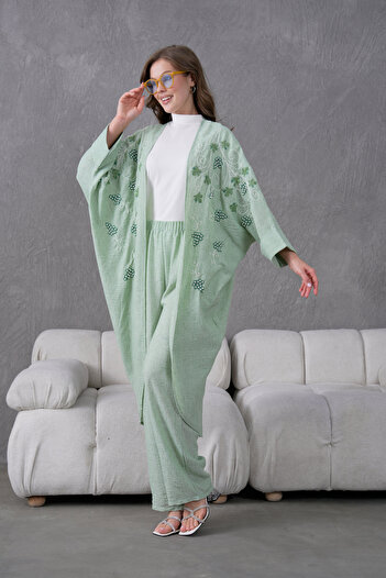 Miss Allos Women's Front Embroidered Pearl Detailed Linen Kimono and Pant Bottom Top Set