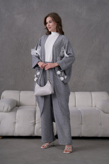Miss Allos Women's Front Embroidered Rose Flower and Stone Embroidered Linen Kimono Cardigan and Pants Bottom Top Set