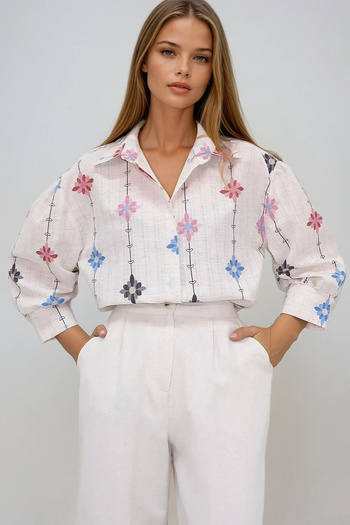 VAGGON Women's Beige Lilac Princess Floral Patterned Flared Linen Woven Shirt Prmx10398