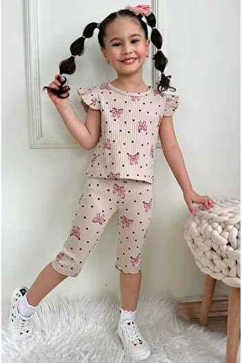 LİLLYPİCCA Girl's Heart Bow Ribbed Stretchy Capri Suit
