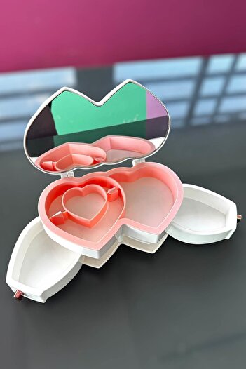 TAKIŞTIR White Color Heart Figured Mirrored Jewelry Organizer with Drawers