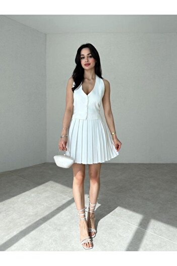 MİSSCİXFASHİON Belt Detailed Evening Dress and Pleated Skirt Double Set - Halter Vest
