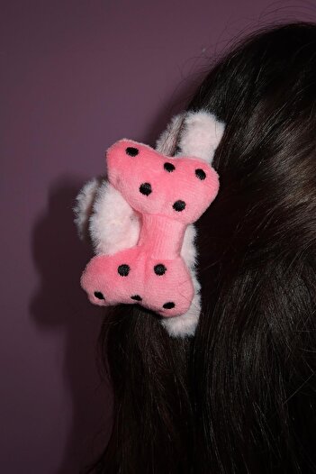 TAKIŞTIR Pink Color Ribbon Figured Plush Hair Band / Latch Buckle / Towel Bracelet Set