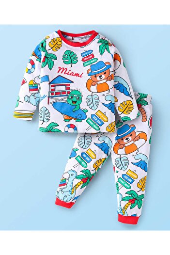 Babyhug Babyhug Night Suit With Animal & Beach Theme Print - White