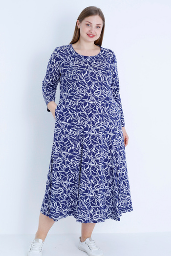 İntensive Women's Navy Blue Patterned Cotton Long Sleeve Large Size Dress