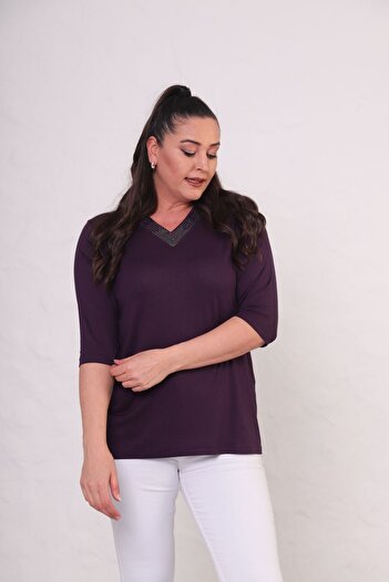 tarzımsüper Women's V-Neck Capri Sleeve Stone Printed Comfort Model Blouse