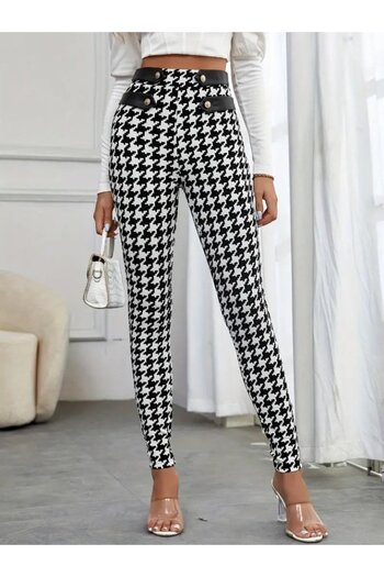 stiledavet online store Women's High Waist Houndstooth Patterned Side Stripe Button Detailed Diving Pants