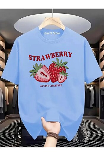 New Shine Sepette 6 Ve Üzeri Alımlarda 1 Tişört Hediyedir - Strawberry Baskılı Büyük Beden Oversize T-shirt