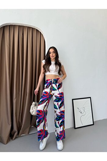 Ozy Fashion White-Blue Leaf Patterned Wide Leg Palazzo Trousers with Elastic Waist