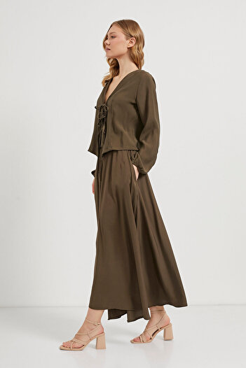 Arma Life Women's Elastic Wrinkled Summer Khaki Long Flared Skirt