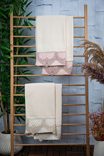 FAVORA 100% Cotton Pearl Laced Dowry Set of 4 Towels 50X90 - Cream - Powder
