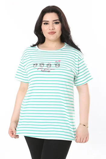 Şans Plus Size Green Crew Neck - Women's Short Sleeve Blouse 65N38006