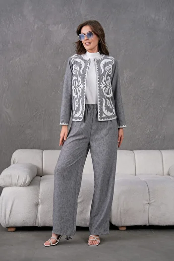Miss Allos Women's White Embroidered Pearl and Stone Detailed Linen Jacket and Trousers Set