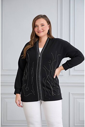 Serra Women's Plus Size Stone Patterned Zippered Cardigan