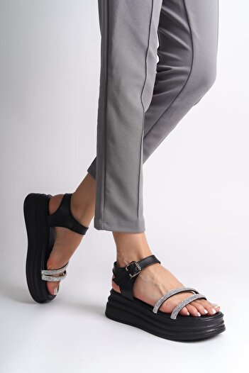 Joy Ayakkabı Zlohe Thick Buckle Stone Striped Orthopedic Sole Women's Sandals St - Black