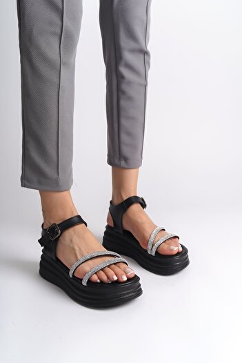 Joy Ayakkabı Zlohe Thick Buckle Stone Striped Orthopedic Sole Women's Sandals St - Black