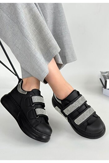 pabucmarketi Black Faux Leather Velcro Women's Sports Shoes