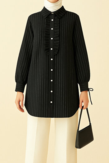 Modamorfo Lace-Up Front Ruffled Striped Shirt Tunic - Black