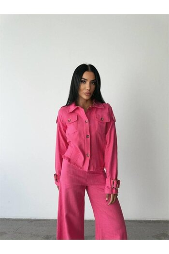 stiledavet online store Linen Tassel Detailed Shirt-Pant Suit - Fuchsia