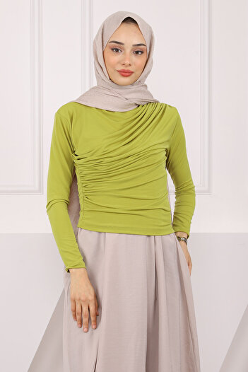 İmajButik Oil Green Turtleneck Draped Sandy Blouse
