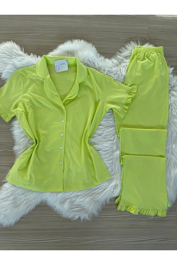 Pijamacs Neon Green Cotton Sleeve and Leg Ruffle Detailed Short Sleeve Front Buttoned Pajama Set