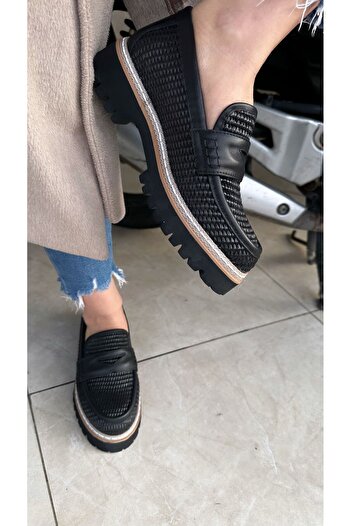 Mammamia 3660 Örgü Hasır Desenli Hakiki Deri Ortopedik Loafer Ayakkabı