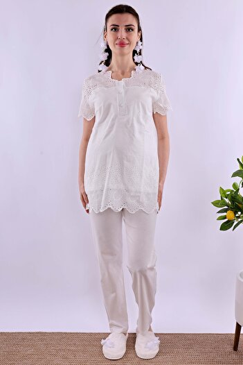 ByLohusa Effortt Ecru Scalloped Maternity Pajama Set