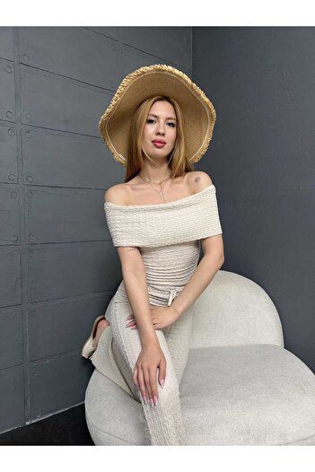 Butik Merrline Women Cream Gagari Fabric Madonna Collar Blouse Body Loose Wide Leg Pants Bottom Top Suit