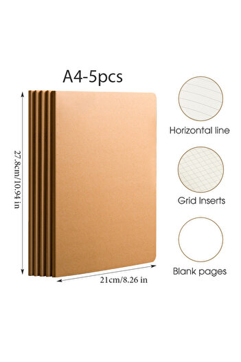 Choice Horizontal line 5pcs A4 Kraft 5Pcs A5 B5 A4 Notebook,36 Sheets/72 Pages/Book,Kraft paper And Black C