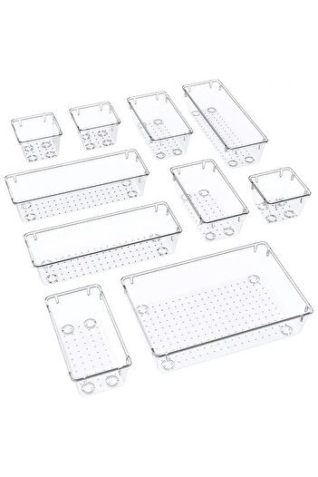 Choice Clear 10-Piece Clear Plastic Drawer Organizers Set,Makeup, Kitchen Gadgets, Office Supplies - 4 Size