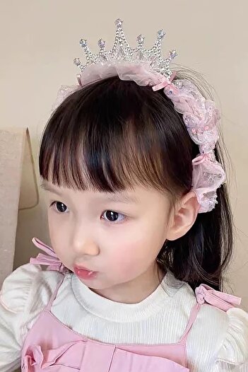 TAKIŞTIR Pink Color Stone Detailed Tulle Children's Crown