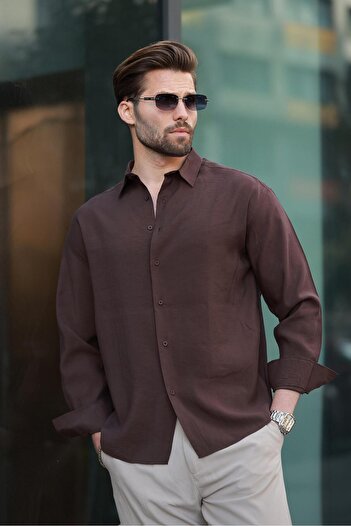 Madmext Brown Basic Long Sleeve Men's Shirt E6762