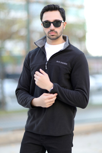 JB John Borners Ανδρικός γιακάς Fleece Μαύρο μισό φερμουάρ με λεπτομέρεια κέντημα Regularfit - 6001
