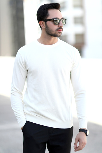 JB John Borners Men's brass knit sweater white o collar ribbed 100% micro flament knitwear - 1007
