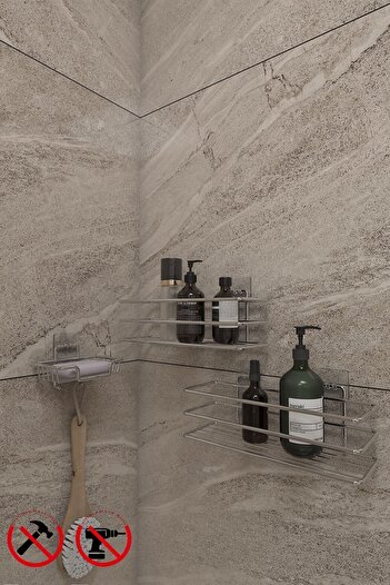 Alper Banyo Ράφι Organizer 2 τμχ με αυτοκόλλητους γάντζους CHROME Ματ και συμπαγής θήκη σαπουνιού και θήκη για σφουγγάρι πιάτων