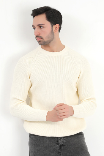 JB John Borners Men's Crew Neck Knitwear Sweater Ecru Italian Sleeve Knit Pattern Micro Flament - 1002
