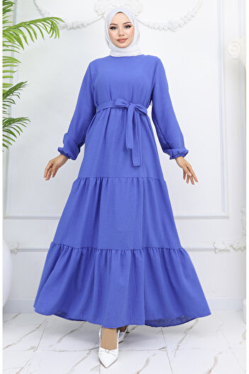 sefamerve Sofia Linen Sleeve, Elastic Belted Dress Indigo 2023-06