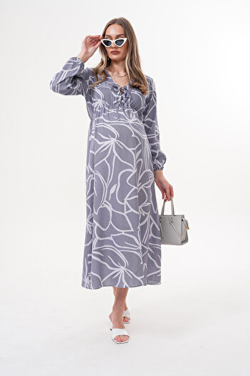 Miss Dünya Lissa Pregnant and Maternity V-Neck Long Sleeve Woven Fabric Dress