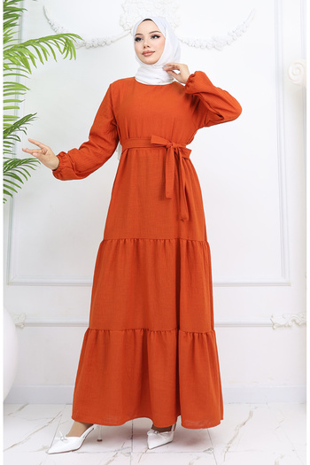 sefamerve Sofia Linen Sleeve Elastic Belted Dress 2023-03 Tile