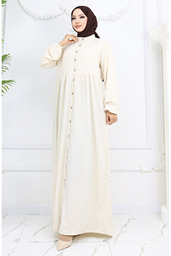 sefamerve Beige Buttoned Dress with Elastic Sleeves 2024-02 Model