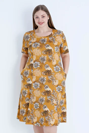 İntensive Floral Print Short Sleeve Cotton Plus Size Dress