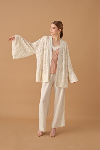 Pierre Cardin Women's Kimono Linen Pajama Set - Lx.25232 Neutral