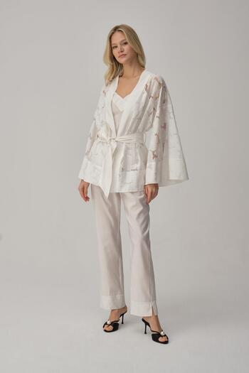 Pierre Cardin Women's Pajama Set with Vegan Silk Kimono - Lx.25231 Ivory