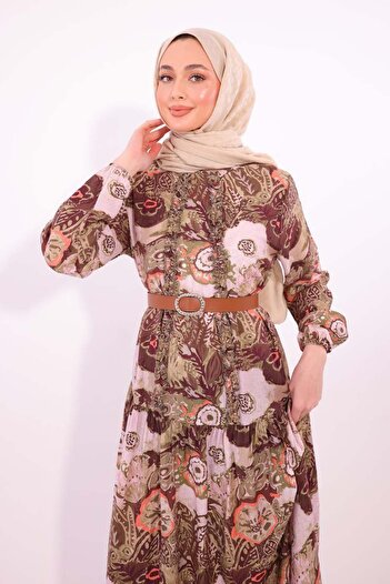 benguen Patterned Belted Dress Khaki 4830