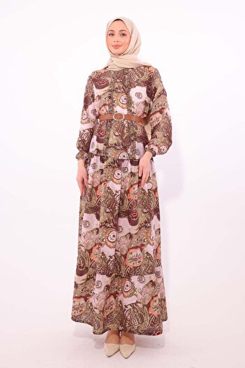 benguen Patterned Belted Dress Khaki 4830