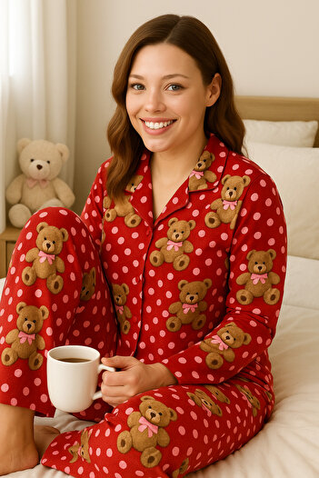 AYREKA HOMEWEAR Red Teddy Bear Patterned Women's Pajama Set Suede