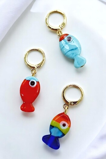 PETEK AKSESUAR Set of 3 Murano Handmade Glass Fish Earrings