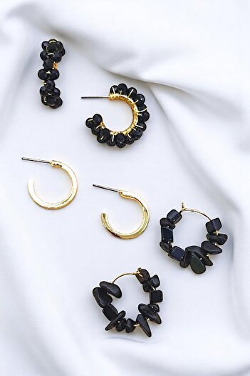 PETEK AKSESUAR Natural Stone And Crystal Hoop Earring Set Black